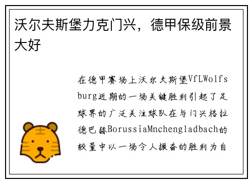 沃尔夫斯堡力克门兴，德甲保级前景大好