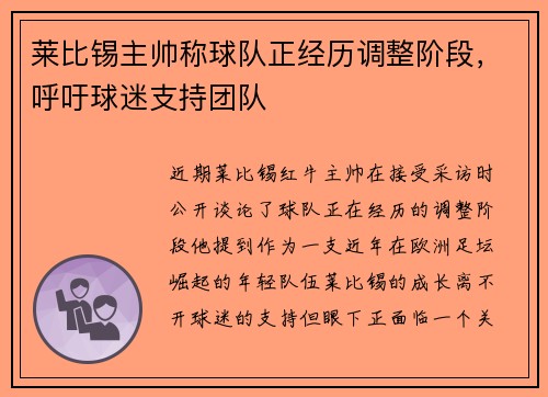 莱比锡主帅称球队正经历调整阶段，呼吁球迷支持团队